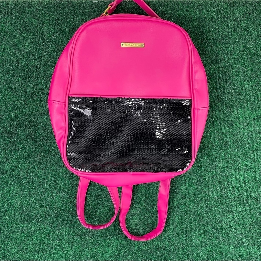 Juicy Couture Fuchsia Pink & Black Sequins Nylon Faux Leather Backpack